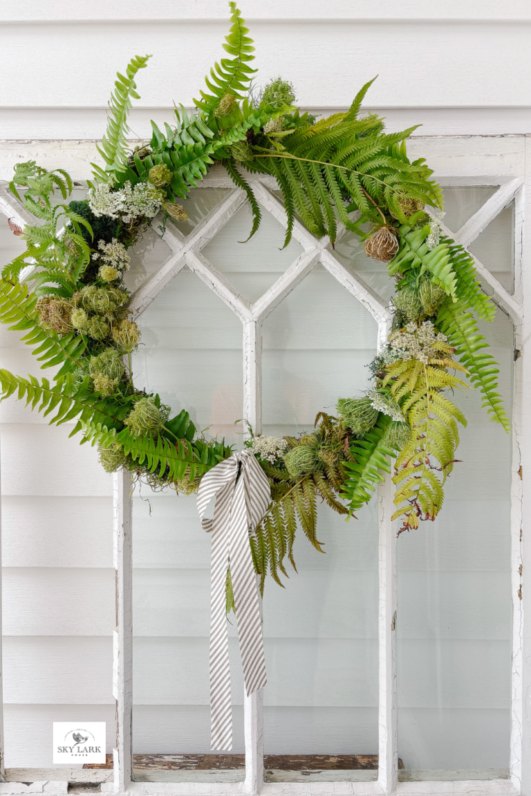 Wreath made with foraged fern fronds and Queen Anne's Lace